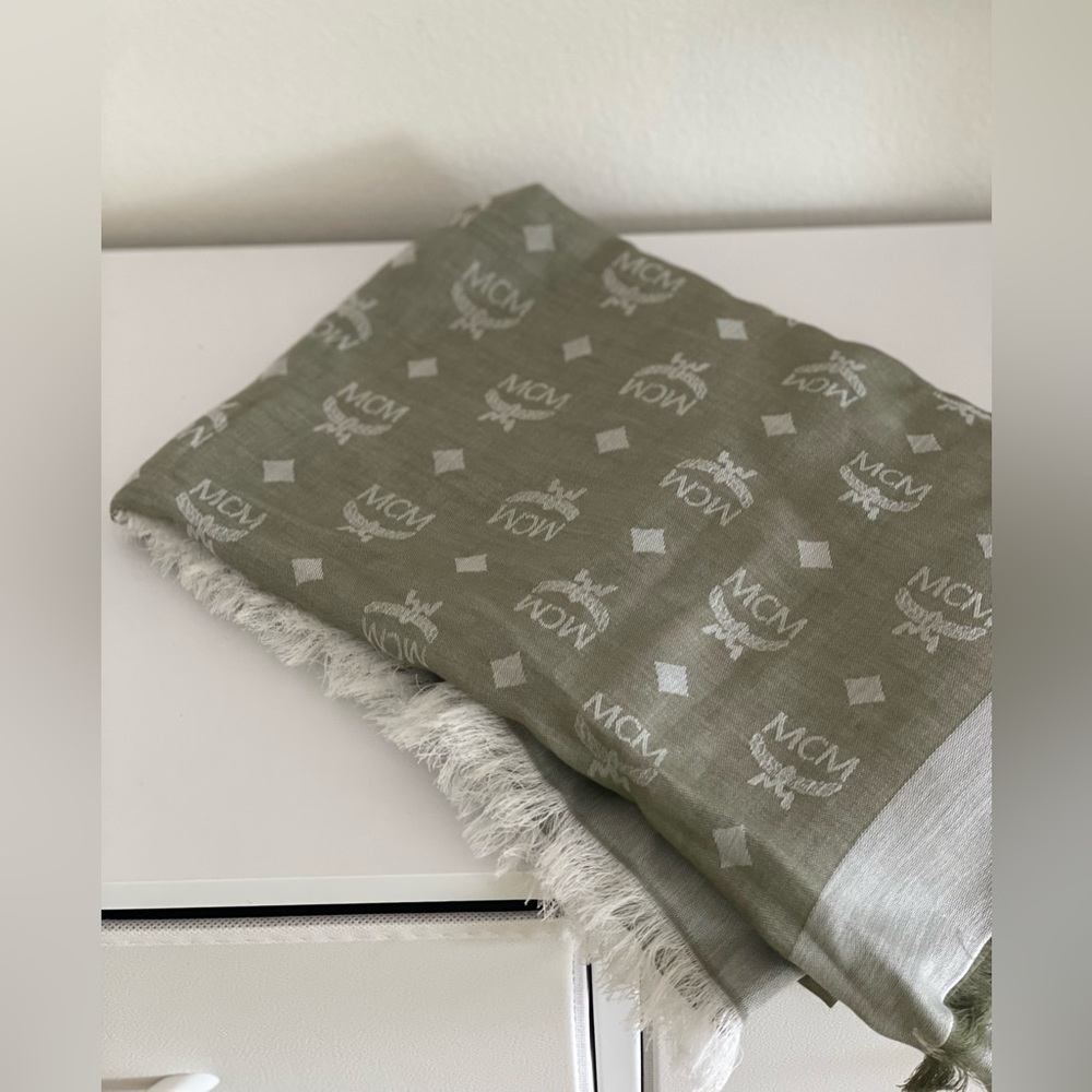 MCM Khaki Green Logo Patterned Scarf 100% cotton
